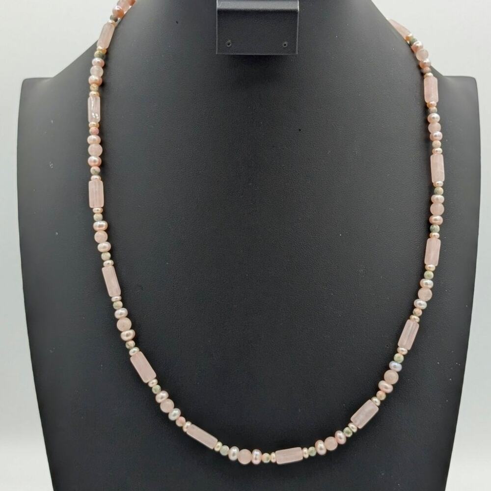 Vintage Pink Quartz Bar Agate Pearl Bead Hook Clasp 24" Necklace